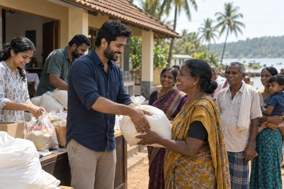 Illustrative image: volunteers handing grocery kits to families outside a community hall