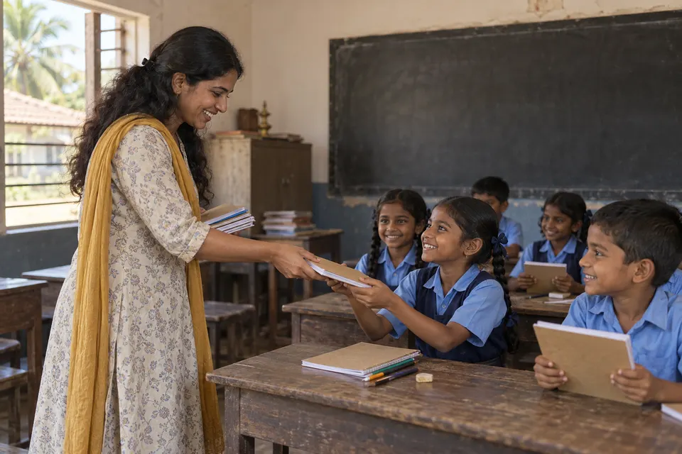 Illustrative image: a volunteer handing notebooks to smiling schoolchildren in a classroom