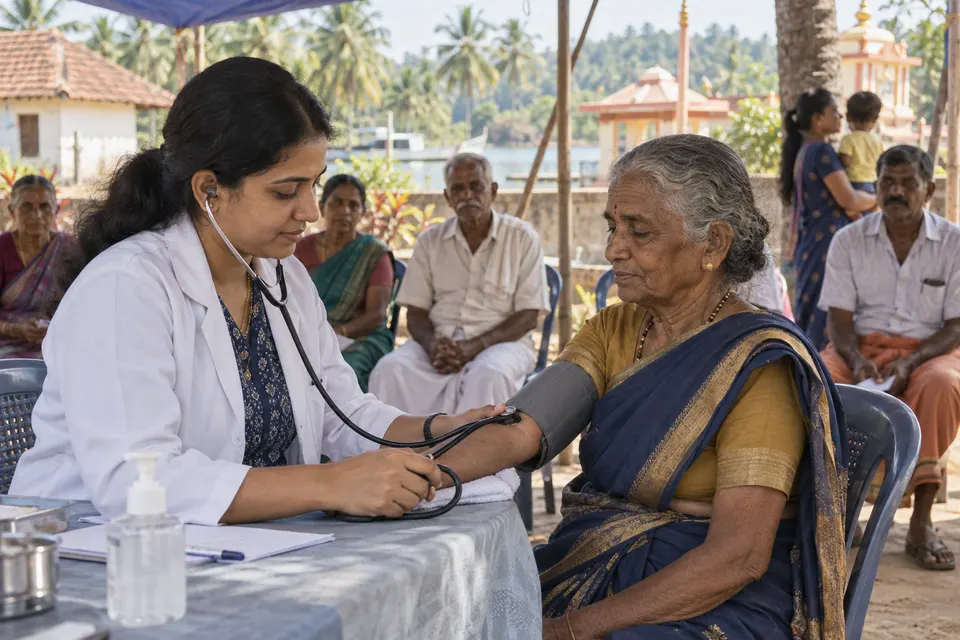 Illustrative image: a doctor checking an elderly woman's blood pressure at a community health camp